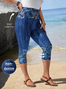 EMERY ROSE Women's Plus Size Capri Leggings: Casual, Comfortable Knitted Fabric With High Stretch And Stylish Paisley Print - Multicolor - View 1