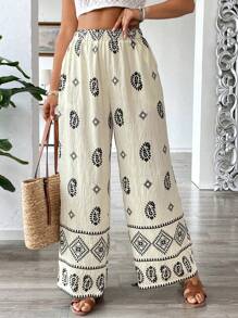 SHEIN Clasi Beige Plus Size Women's Elegant Floral Print Elastic Waist Pockets Loose Straight Leg Pants,Summer Boho Beach Holiday Casual Vacation Spring/Summer - Multicolor - View 1