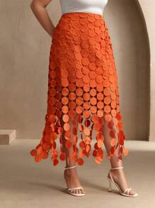 Anewsta Plus Size Women Korean Style Circle Decor Pleated Skirt, Suitable For Spring, Summer, Festivals, Elegant - Orange - View 4