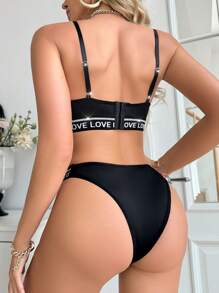 EasyFave Conjunto de lencería con malla y ribete con letras (Sujetador y Bragas) para mujer