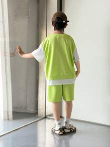 SHEIN 2 Packs Tween Boy Casual Sports College Street Cute Vacation Loose Japanese And Korean Style 2 In 1 Round Neck T-Shirt And Shorts Set - Green - View 6