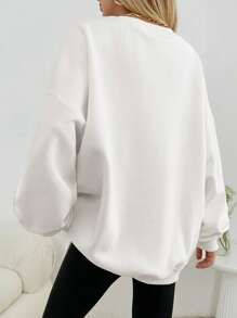 EURMUSE Cotton Letter Pattern Drop Shoulder Sweatshirt - White - View 2