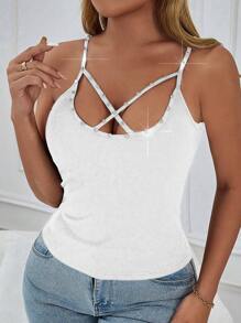 Zolique Women's Casual Fitted Ribbed Rhinestone Hollow Cross Back Tank Top - White - View 4