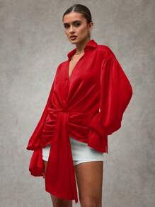 SHEIN BAE Áo thun nữ cổ tròn tay bồng xếp ly lệch màu gợi cảm cho tiệc cocktail/câu lạc bộ/tiệc rave/tiệc sinh nhật/tiệc độc thân/halloween/đi chơi đêm - Đỏ - Xem 3