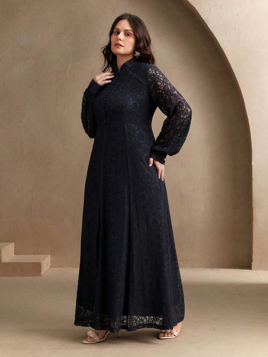 Anewsta Elegant Women's Lace Maxi Flared Dress, Spring Outfits - Navy Blue - View 1