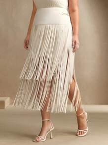Anewsta Elegant, Casual, Vacation Curve-Fit High-Waist Beige Soft Leather Long Fringe Skirt For Women