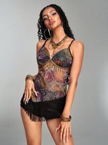 ROMWE Hippie Camiseta de tirantes con estampado de paisley, dobladillo con flecos de cuentas de madera, estilo retro hippie western y de festival de música para mujeres