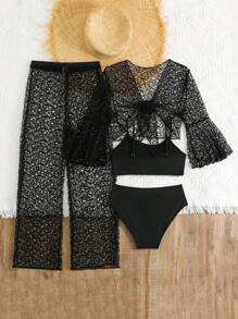 Conjunto de traje de baño de manga larga transparente con encaje para niñas preadolescentes