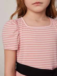 PrepCrw Young Girl Pink Striped Crew Neck Short Puff Sleeve A-Line Dress, Spring/Summer - Pink - View 6