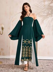 Al Najma 女士无袖阿拉伯风格连衣裙，简约时尚，适合夏季 - 墨綠色 - 查看 5