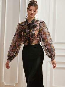 Aveloria Rosie Multicolor Floral Rose Colorblock Organza Puff Sleeve Sheer Sexy Elegant Delicate Vintage Collar Bowknot Cuff Women Long Sleeve Blouse