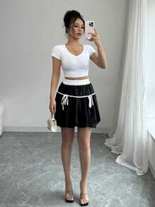 Elenzga Summer Fashion Bow Contrast Color Floral Skirt