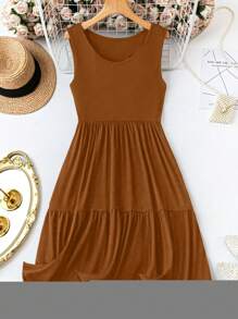 SHEIN LUNE Vestito casual da donna taglia curvy, tinta unita, con balze sul fondo, senza maniche - Caffè Marrone - Visualizzare 5