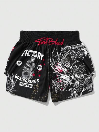 Anime Pantalones cortos de boxeo casuales y holgados con cintura elástica, con estampado de letras y dragón para hombres