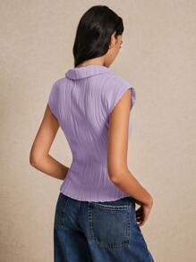 Poéselle Summer Simple Textured Button Front T-Shirt - Mauve Purple - View 5