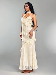 ROMWE Hippie Gaun Slip Elegan Wanita Warna Polos dengan Detail Renda Kontras di Bagian Bawah dan Rumbai - Aprikot - View 6