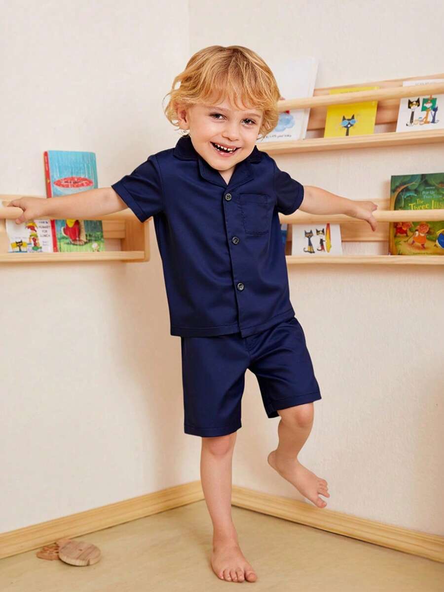 2pcs/Set Big Boy Pajama Set, Navy Blue Classic Lapel & Black Button-Up Short Sleeve Shirt & Shorts, Flame Retardant