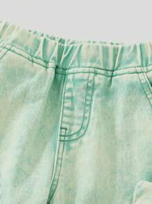 DENIMLY Young Girl Dopamine URBAN STREET Y2K COOL Young Girl MINT GREEN STONE WASH 100%Cotton MULTI-POCKET WIDE LEG JEANS, FULLY ELASTIC WAISTBAND, And Chic. - Mint Green - View 4