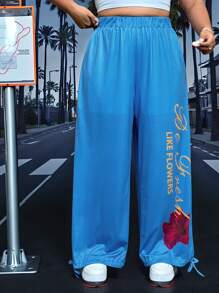 SHEIN EZwear 大码夏季网眼休闲度假海军蓝热带花卉印花宽松裤 - 寶藍色 - 查看 4