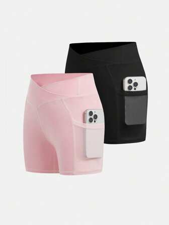 SHEIN 2 件装 Tween 女童纯色运动短裤，带口袋，舒适适合日常锻炼、健身、跑步、户外活动、夏季