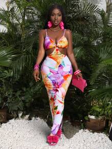 Slaydiva Elegant Floral Print Sleeveless Bodycon Dress For Women, With Waist Cutout Detail And Side Slit, Suitable For Summer Vacation