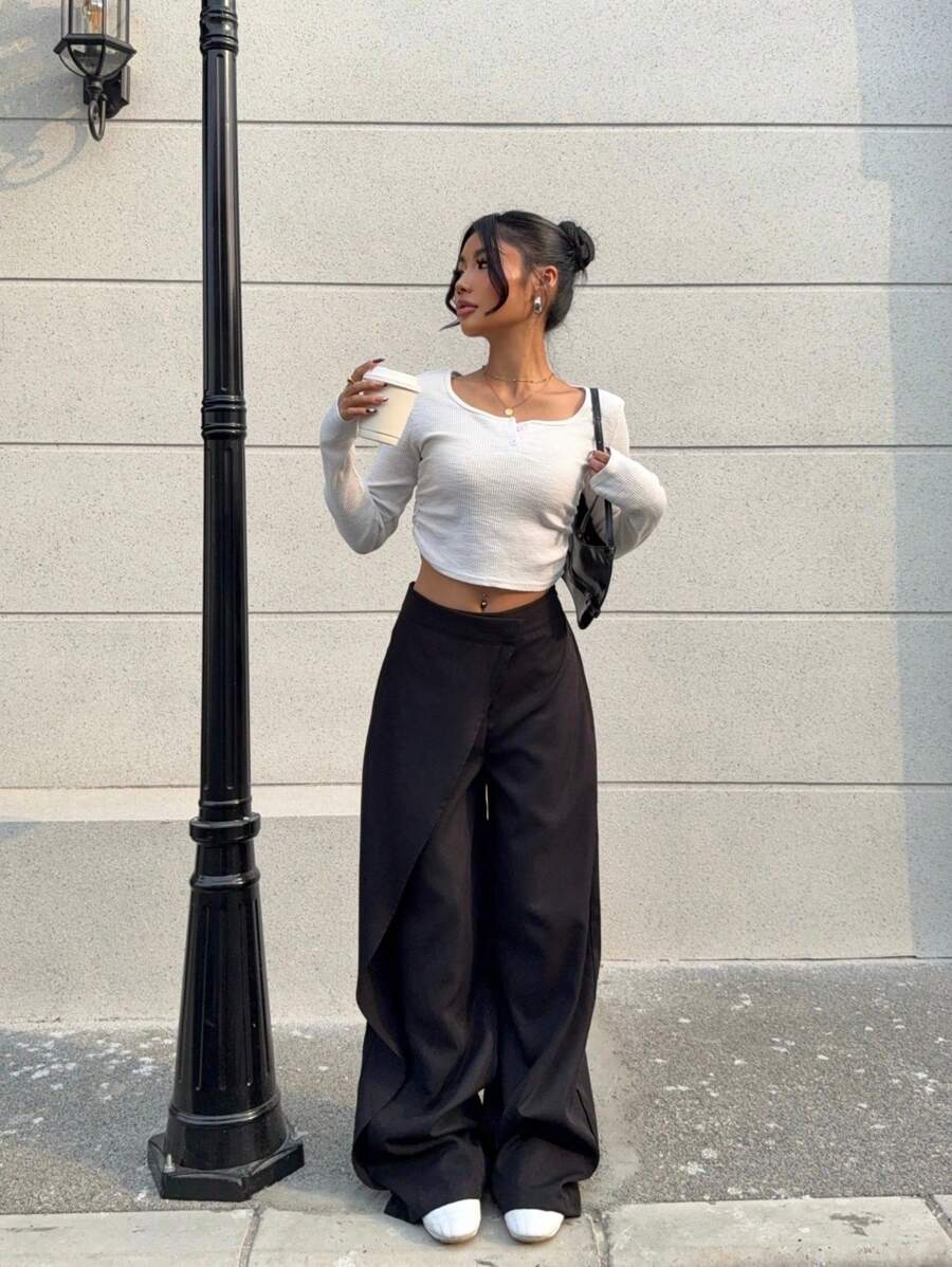 SHEIN EZwear 女士纯色宽腿宽松休闲裤，百搭