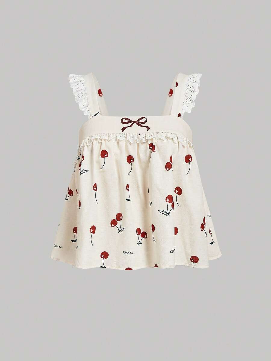 SHEIN MOD Lace Trimmed Apricot Ground Cherry Print Bowknot Embroidery Plus Size Camisole Top - Apricot - View 1
