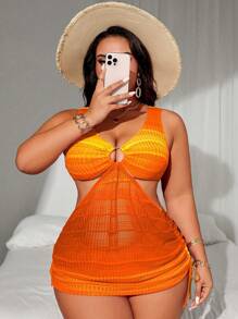 SHEIN Swim Curve 2pcs/Set Women Plus Size Gradient Color Wide Strap Hollow Drawstring Waist Sexy Split Swim Dress Suit, Fashion Resort Wear