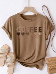 SHEIN LUNE Camiseta de manga corta con cuello redondo casual con estampado de corazón de café, para mujer talla grande, verano