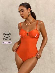 SHEIN Swim 1 件吊带聚拢连体泳衣 - 橘色 - 查看 3