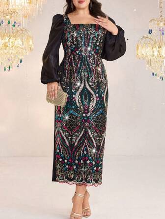 Modelyn Plus Size Elegant Sequin Patchwork Lantern Sleeve Dress