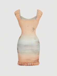 SHEIN MOD Seashell Sleeve Beach Holiday Ruffle Trim Mini Dress,Spring/Summer Outfits,Beach Outfits, Brunch Outfits,Spring Break,West,Vacation,Country,Mesh Dress - Multicolor - View 5