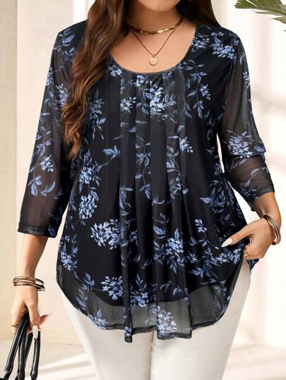EMERY ROSE Atasan Wanita Ukuran Besar Motif Bunga Hitam Lengan 3/4 untuk Liburan, Musim Panas, Pakaian Kasual Sehari-hari, Blus Wanita Elegan untuk Musim Gugur