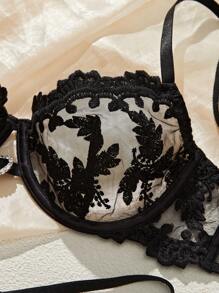 Set de 2 piezas de lencería sexy para mujer con bordado de strass en forma de corazón negro