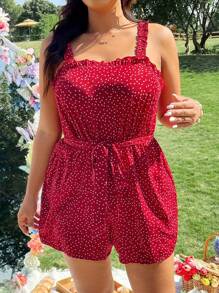 SHEIN LUNE Mono con tirantes de botones, volantes y decoración de lunares - Rojo - Ver 3