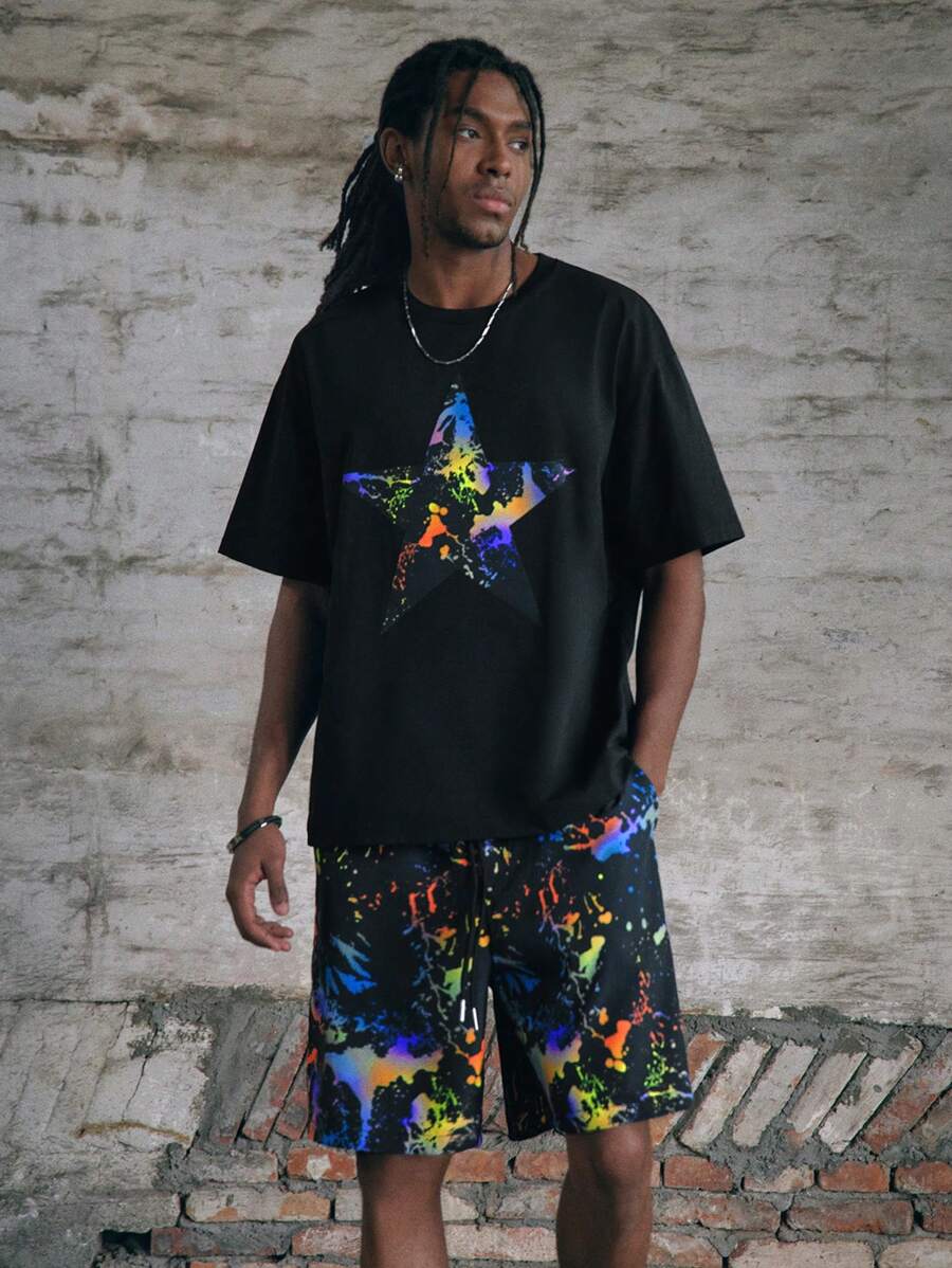 Manfinity VCAY Men's Digital Print Loose Knit Short Sleeve Shirt Set - Black - View 1