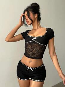 Aloruh Camiseta corta de manga corta con lazo y encaje, top de moda para conciertos, vacaciones y primavera, top corto de estilo occidental, top lindo para mujer Y2K, top para festivales de música - Negro - Ver 4