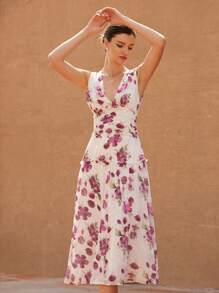 EMERY ROSE Vestido elegante y romántico de estilo francés con estampado floral morado y blanco de gasa con cuello en V profundo, cintura fruncida, volantes en el bajo y sin mangas para mujer, estilo bohemio y de vacaciones, con estampado todo sobre para el verano - Multicolor - Ver 6