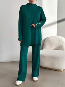 EURMUSE 2pcs Women Winter Casual Solid Color Drop Shoulder Sweater And Ankle Length Pants Set - Dark Green - View 3