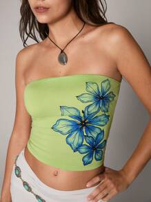 SHEIN Unity Vintage Blue Painterly Printed Tube Top, Fashionable Vacation Style For Women, Spring/Summer - Green - View 4