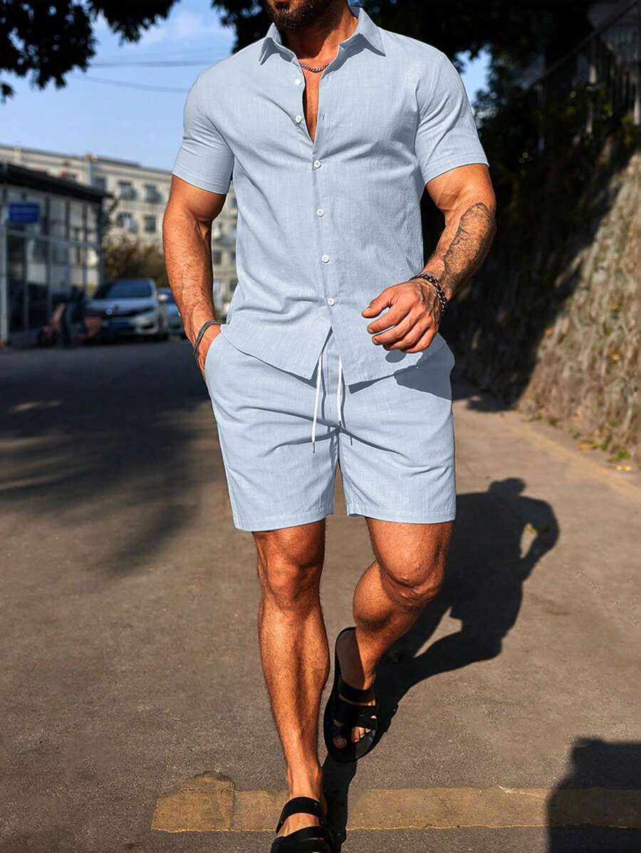 Manfinity Homme 男士简约时尚短袖T恤短裤套装，适合夏季男士夏装夏季度假装男装男士休闲夏装 - 藍色 - 查看 1