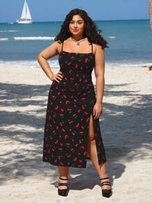 SHEIN CURVE+ Women's Cherry Print Knitted Dress In Plus Size - Multicolor - View 3