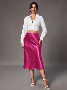 SHEIN Tall 女士优雅通勤简约纯色裙子 - 玫紅色 - 查看 3