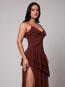 Silquee Early Spring & Summer Solid Brown Sexy, Romantic Valentine's Day & Date Dress, Elegant Women's Solid Color Asymmetric Ruffle Collar, Asymmetric Hem Spaghetti Strap Dress, Valentine's Day Dress, Party Dress, Romantic Date Dress, Bridesmaid Mini Dress, Ball Gown Dress, Casual Commuter Dress, Red Dress, Birthday Mini Dress, Holiday Outfit, Daily Vacation Wear, Suitable For Spring Break Vacation, Beach Vacation, Flowing Dress,Country - Brown - View 7