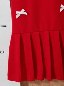 1pc Tween Girls' 3D Bow Decor Short Sleeve Pleated Dress, Loose Fit, Spring/Summer,Holiday,Summer,Travel - Red - View 6
