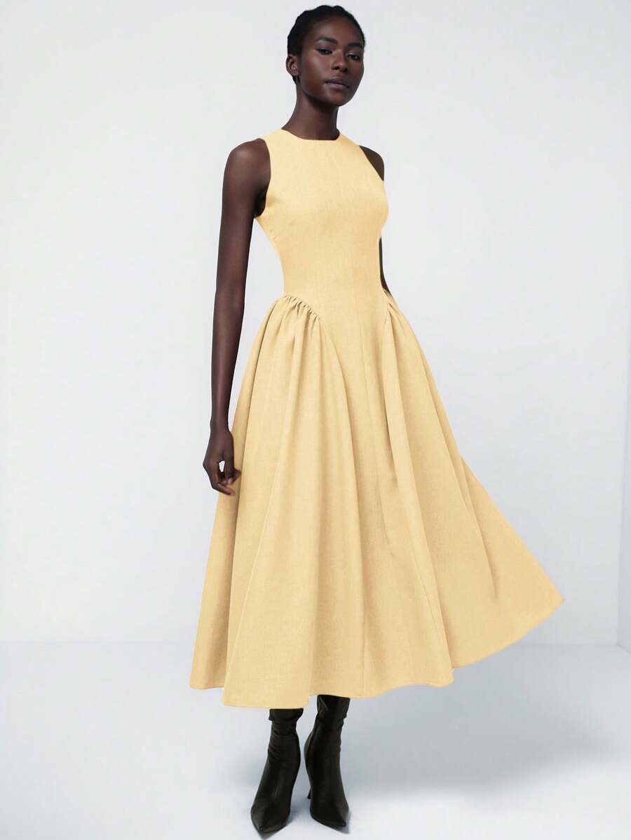 Aveloria Modichic Elegant French Style Minimalist Commute Versatile Double Pockets Elastic Waist Ruched Split Long Dress For Women - Yellow - View 1