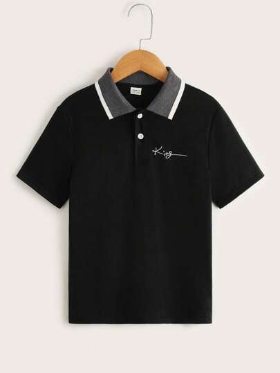 SHEIN Tween Boy Casual Short Sleeve Contrast Collar Letter Embroidered Polo Shirt, Lightweight For Summer