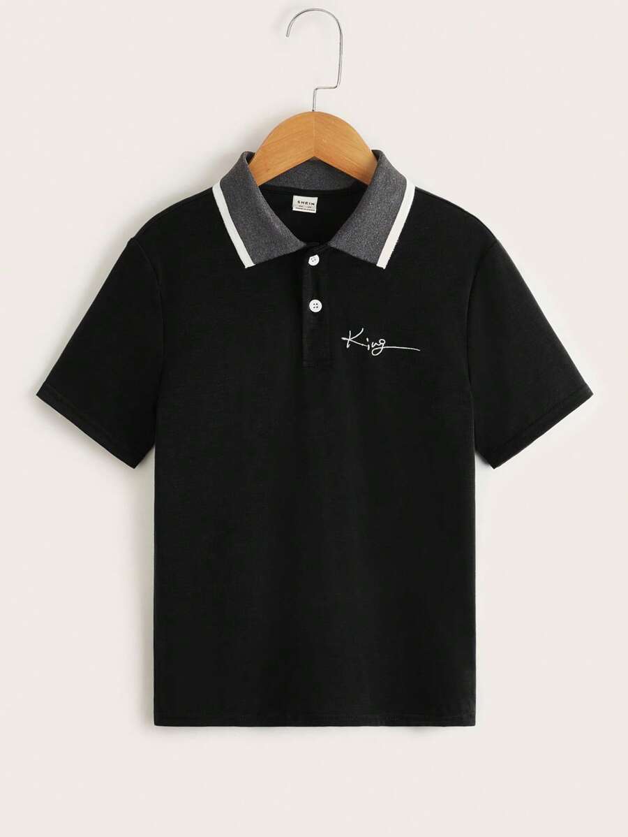 SHEIN Tween Boy 休闲短袖撞色领字母刺绣 Polo 衫,轻便,适合夏季 - 黑色 - 查看 1