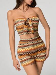 SHEIN Tall 女士节日波浪条纹前结短款上衣和短裤两件套