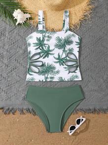 Conjunto de tankini de traje de baño con estampado de palmeras para adolescentes, para vacaciones de verano - Verde - Ver 2
